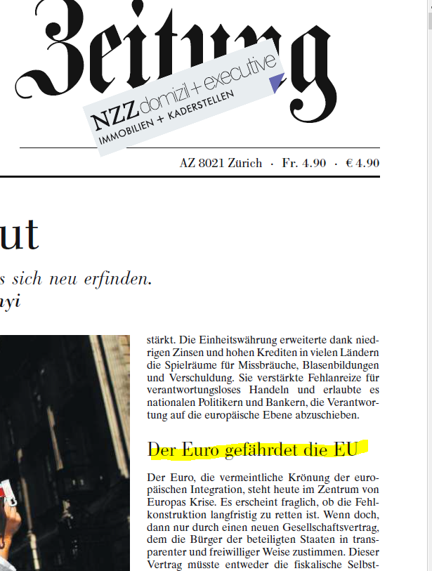 NZZ: „Der Euro gefährdet die EU“